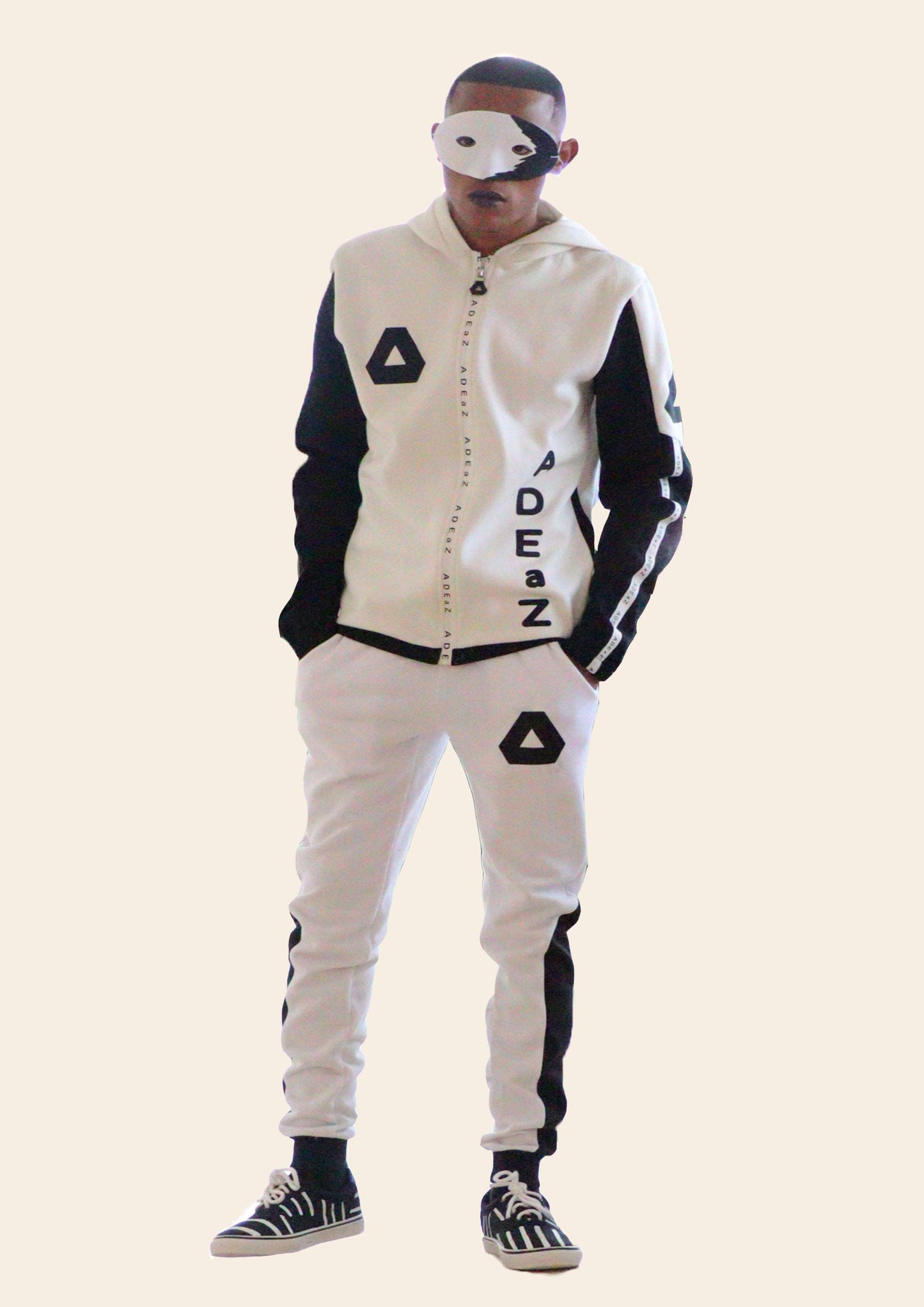 Men's casual hoodie in black and white with front zipper and comfortable fit.