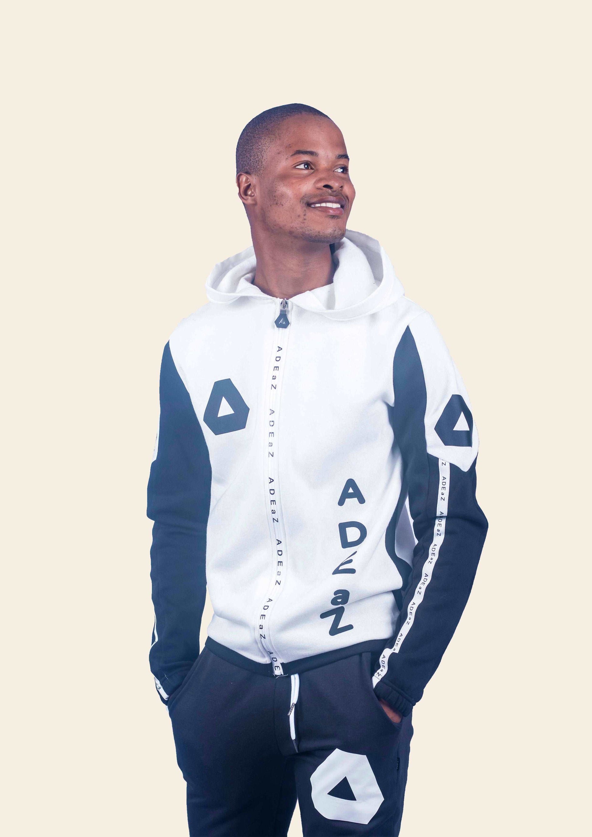 Men's casual hoodie in black and white with front zipper and comfortable fit.