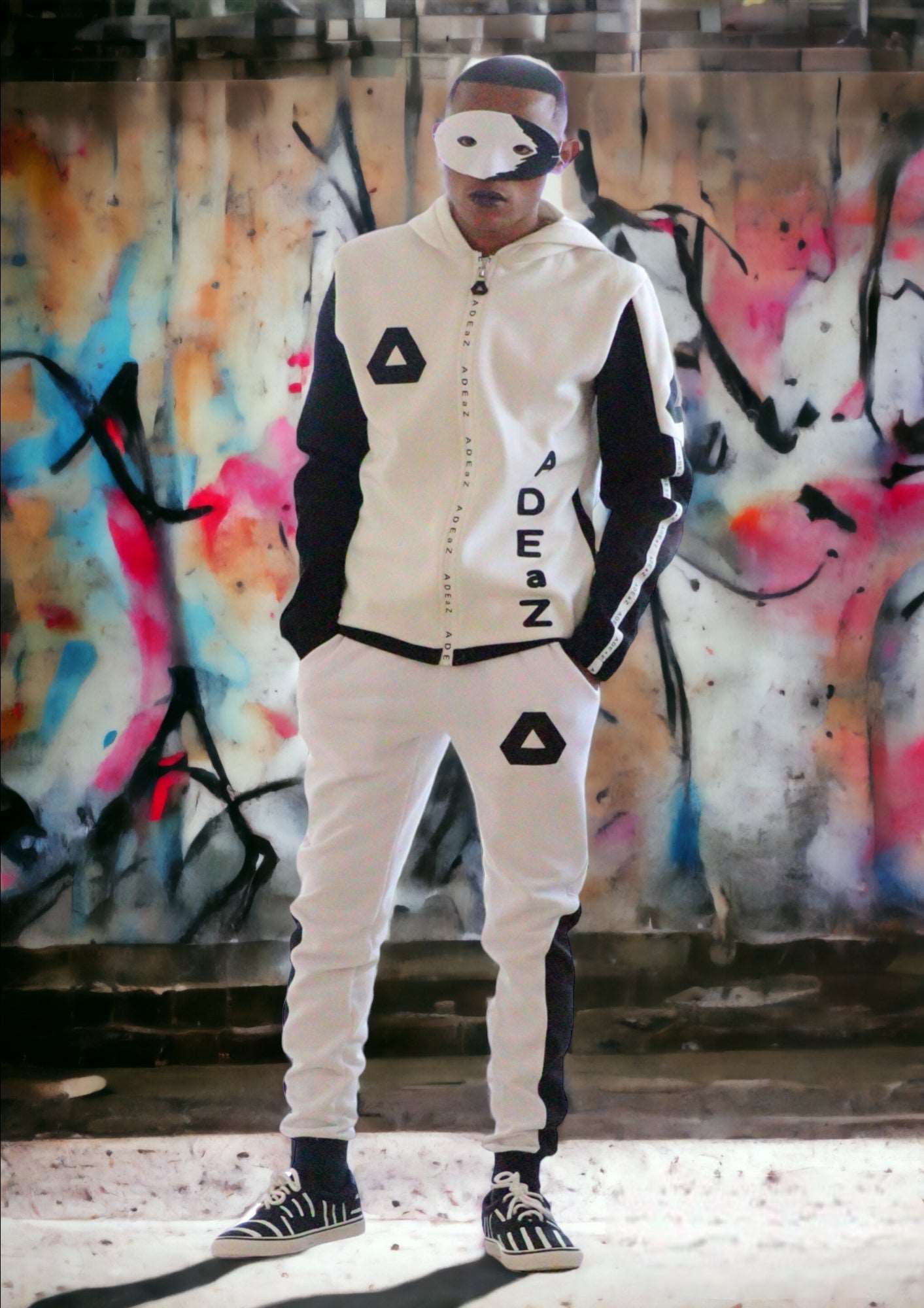 Men's casual hoodie in black and white with front zipper and comfortable fit.