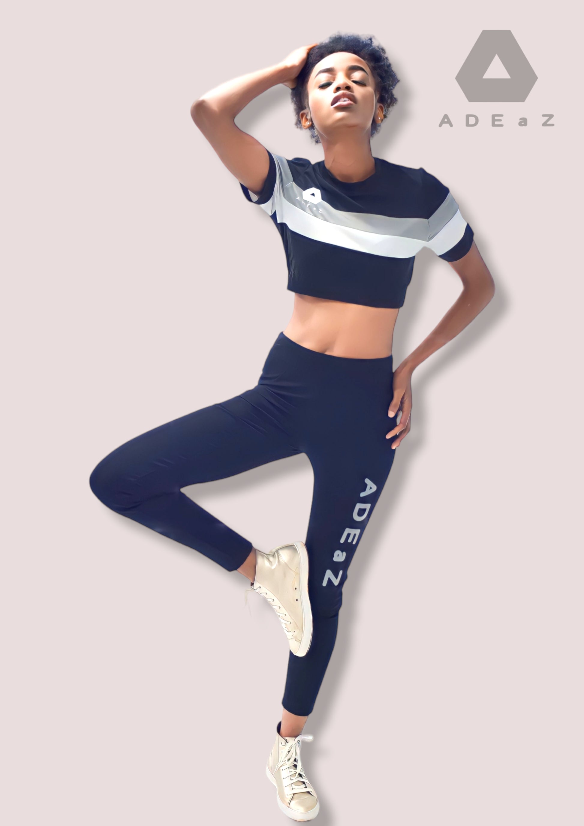 Adeaz Short Sleeve Crop Top Black with White & Grey Stripes