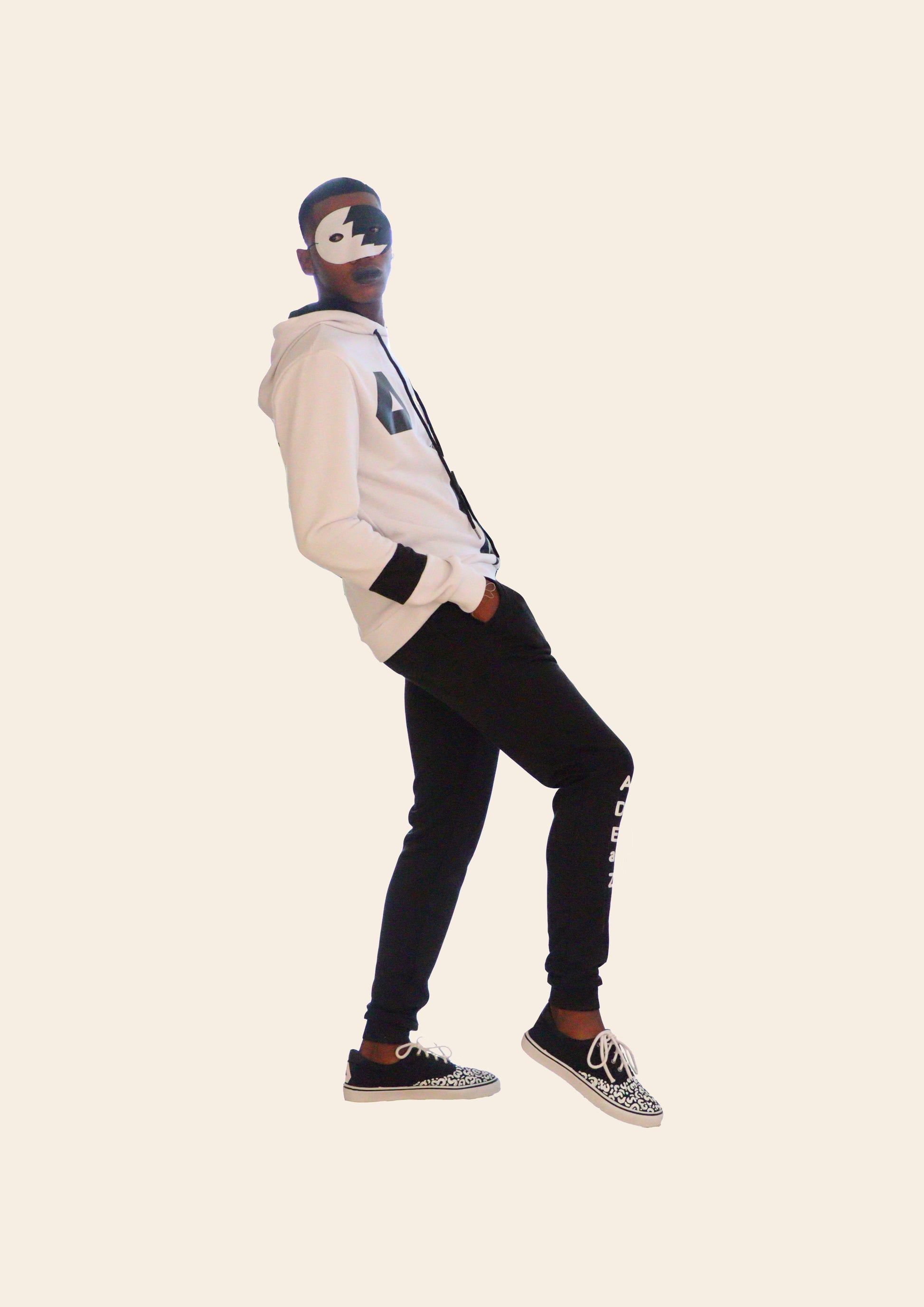 Black track pant with a white hoody for man