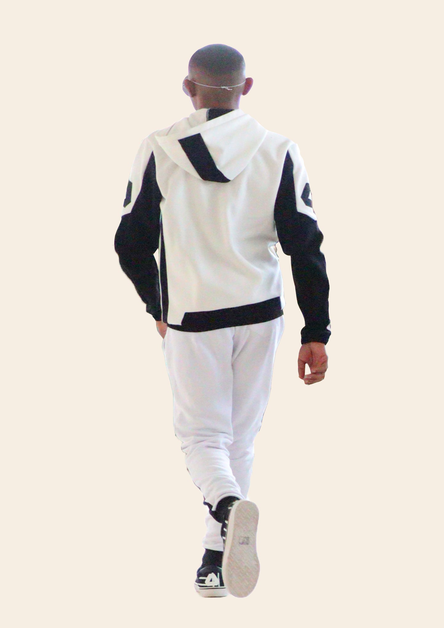 Men's casual hoodie in black and white with front zipper and comfortable fit.