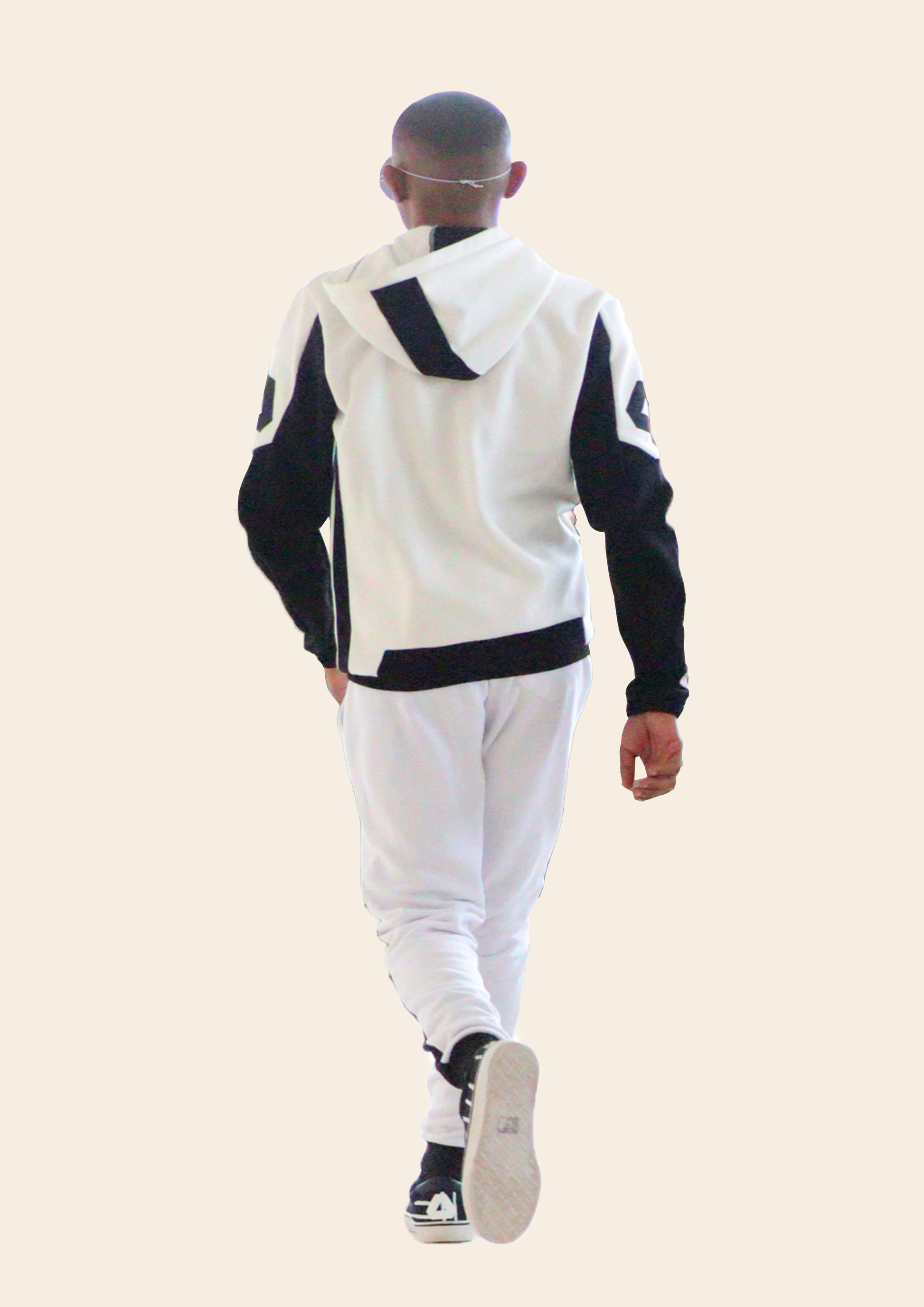 Men's casual hoodie in black and white with front zipper and comfortable fit.